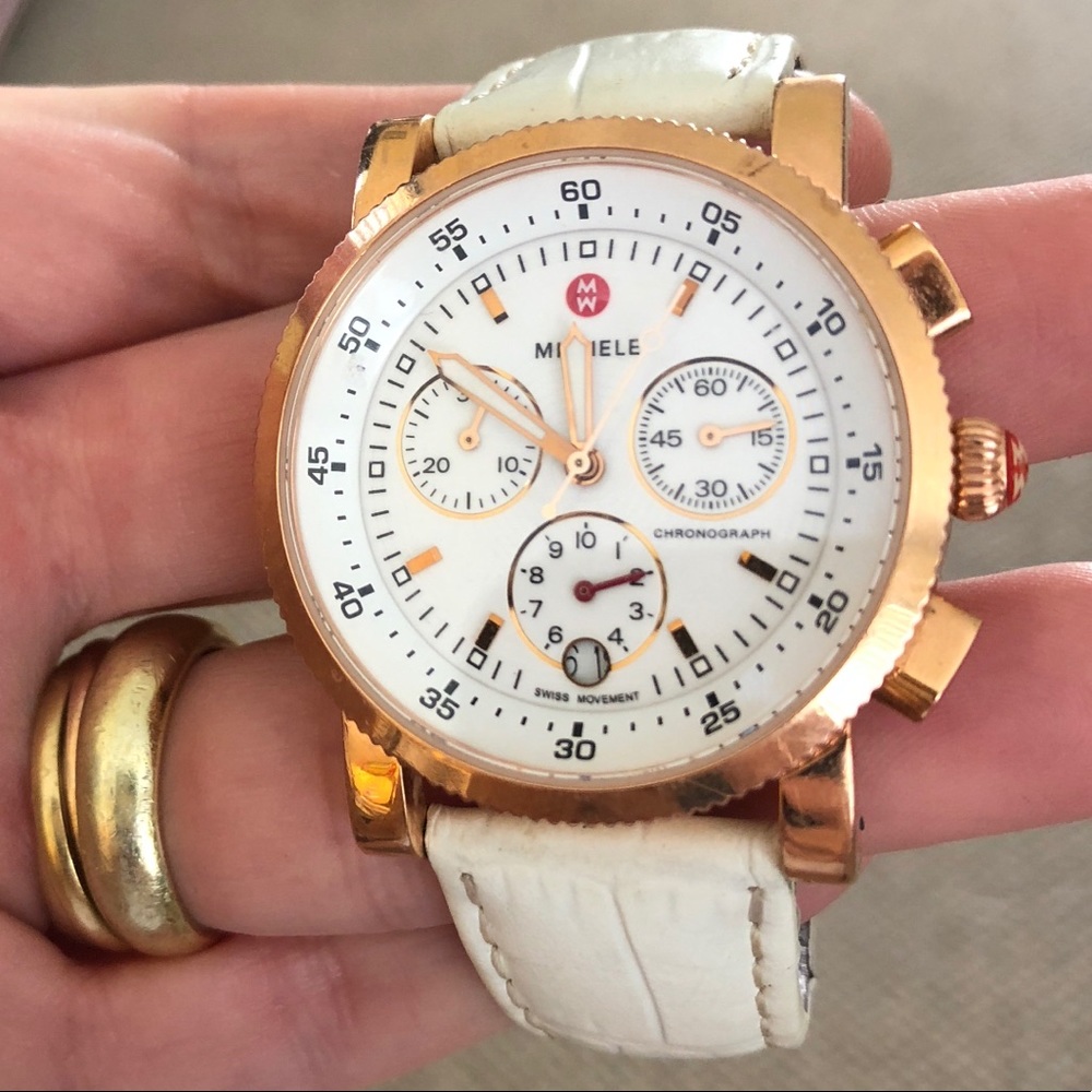Michele watch rose gold with white leather strap
